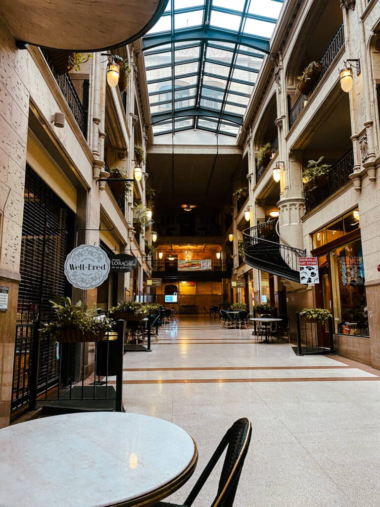 The Grove Arcade in Asheville - an indoor mall with european stone architecture 