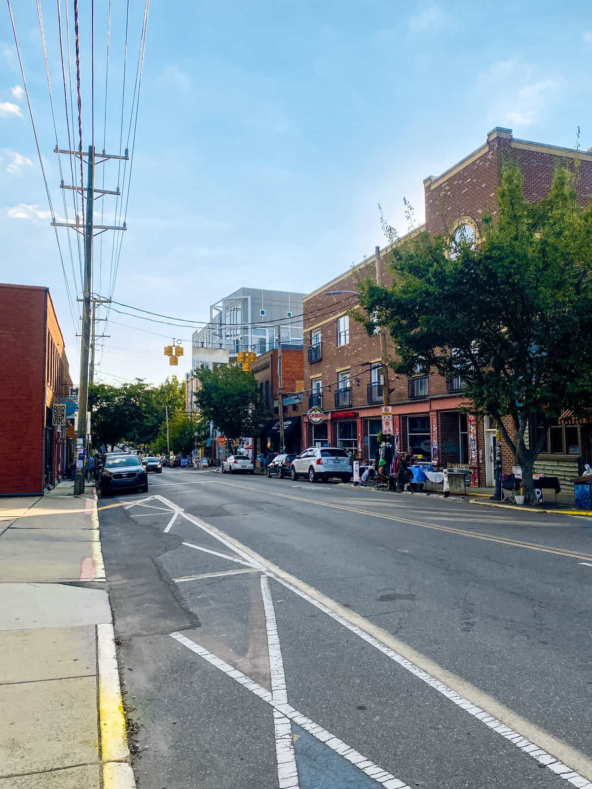 Brick buildings on a street in the NODA district of Charlotte, North Carolina.