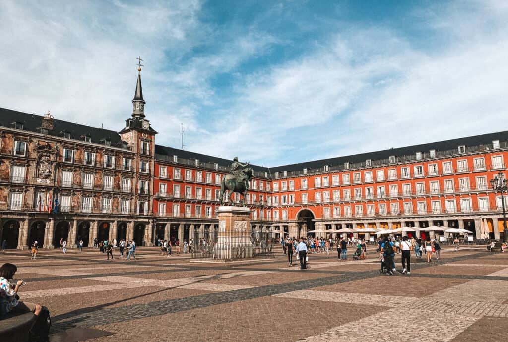 Plaza Mayor in Madrd - a large square with old red buildings