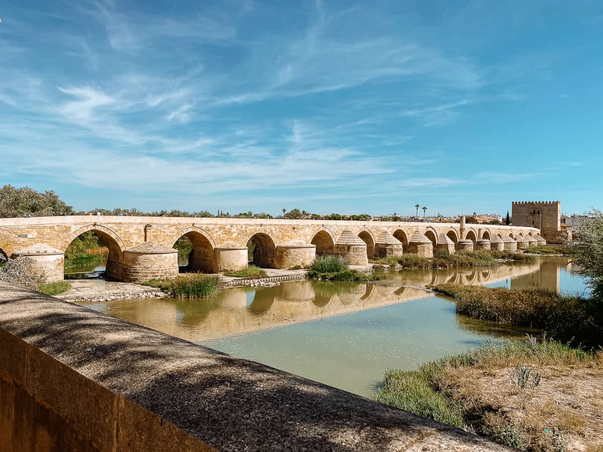 a roman looking bridge with large archways on water