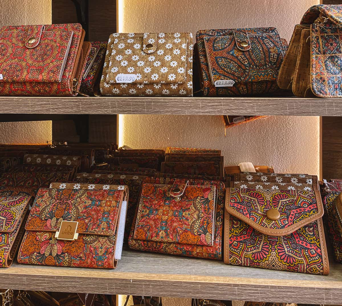 patterned wallets made of cork sitting on a shelf