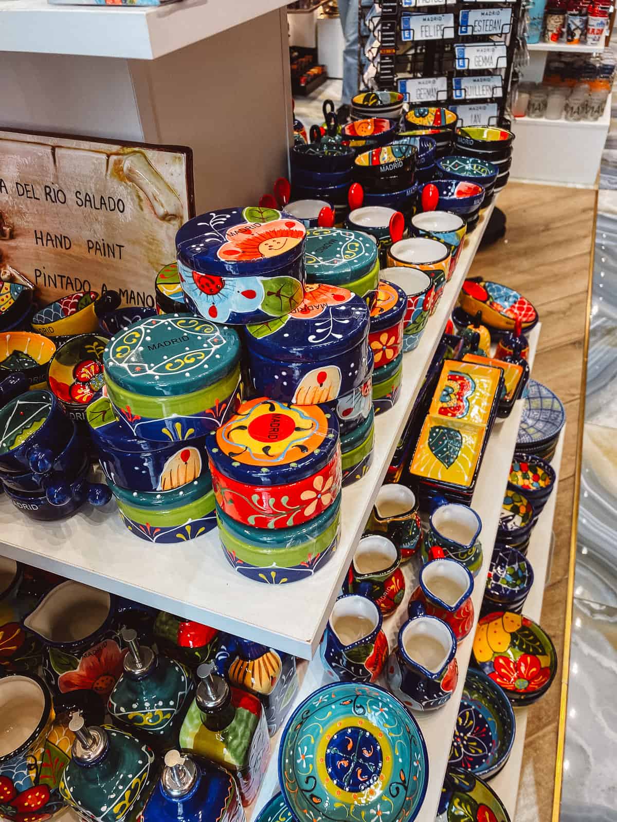 colorful Spanish cermaic cookware on a shelf