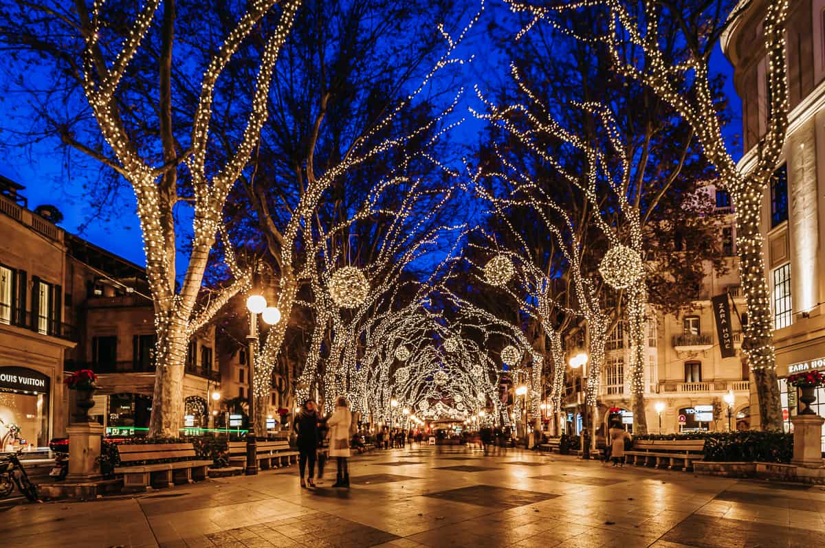 The main street in Palma De Mallorca lit up with Christmas lights
