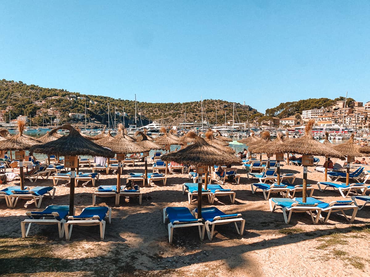a beach packed with blue lounge chairs and umbrella huts