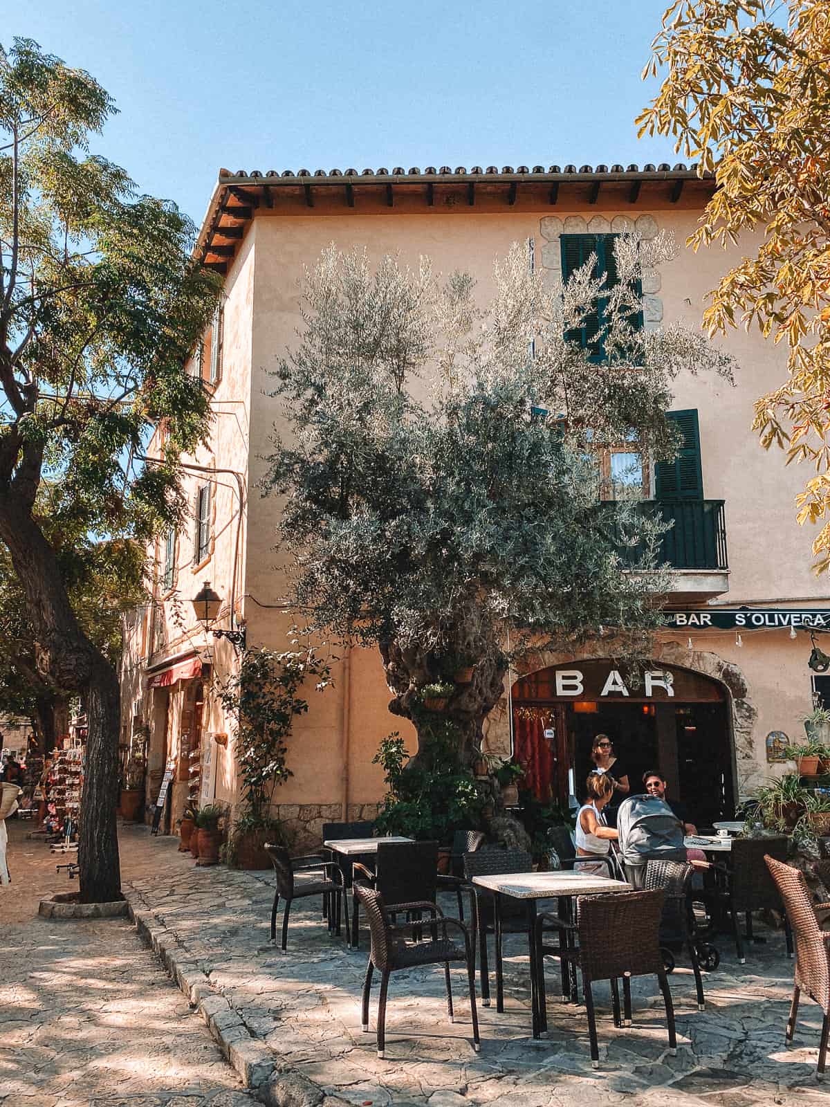 a beautiful stone cafe with a brown building and chairs surrounded by green plants