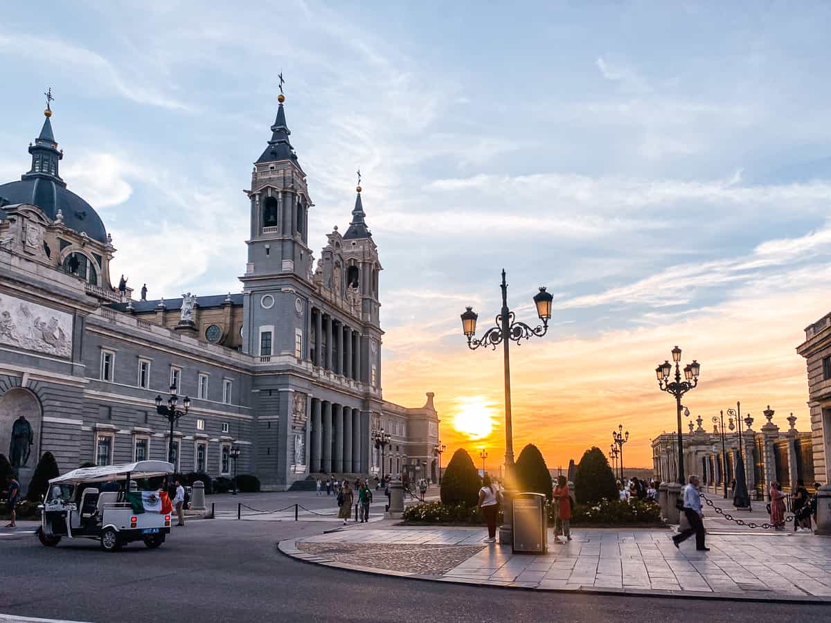 The royal palace in Madrid at sunset
