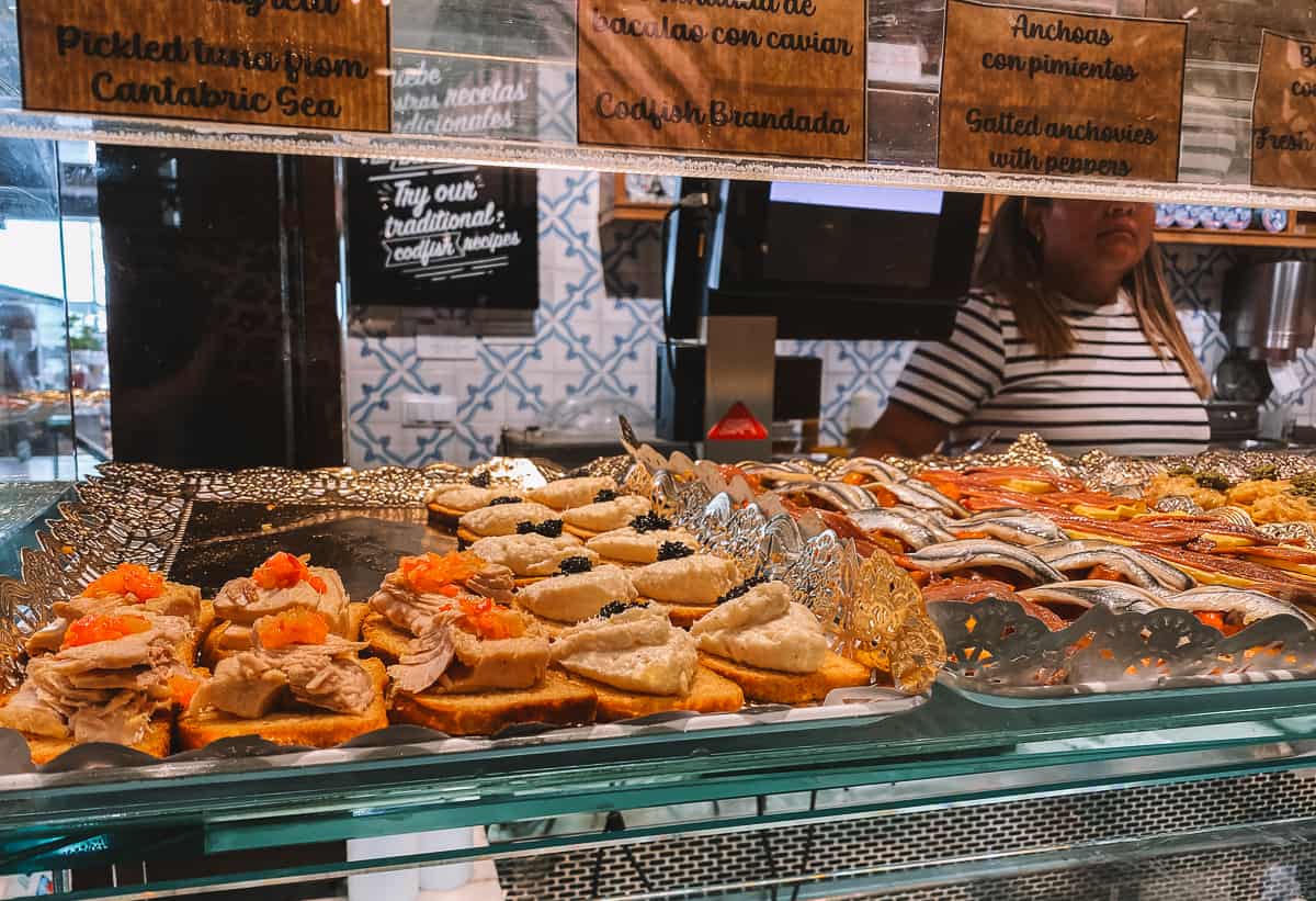 A row of tapas in the Mercado San Miguel in Madrid