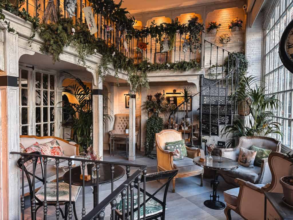 a beautiful cafe in Madrid lined with old chairs, flowers and green hanging plants