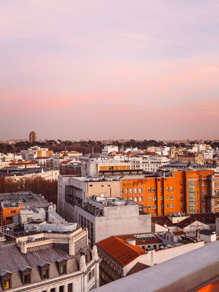 The rooftops of Madrid at twilight, painted with pastel skies; a mix of historic and modern buildings create a textured urban tapestry, viewed from above.