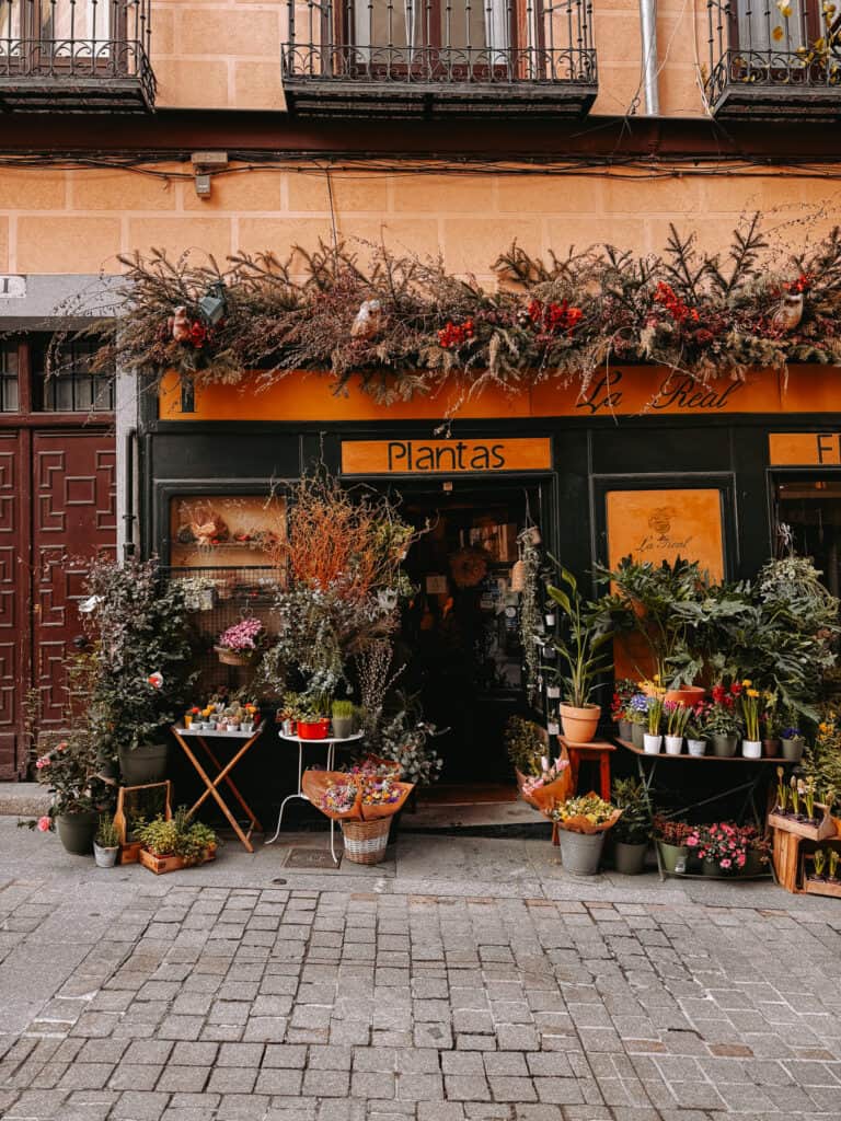 A quaint flower shop with an orange façade, 