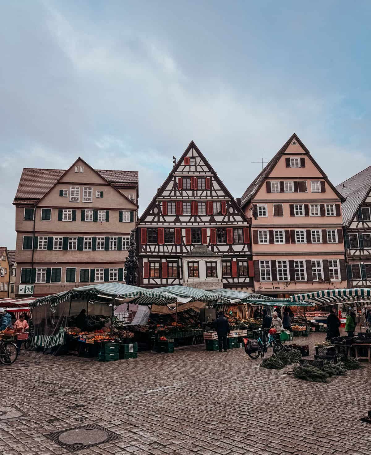 Outdoor market scene in Tübingen with fruit and vegetable stalls set up in front of traditional half-timbered houses