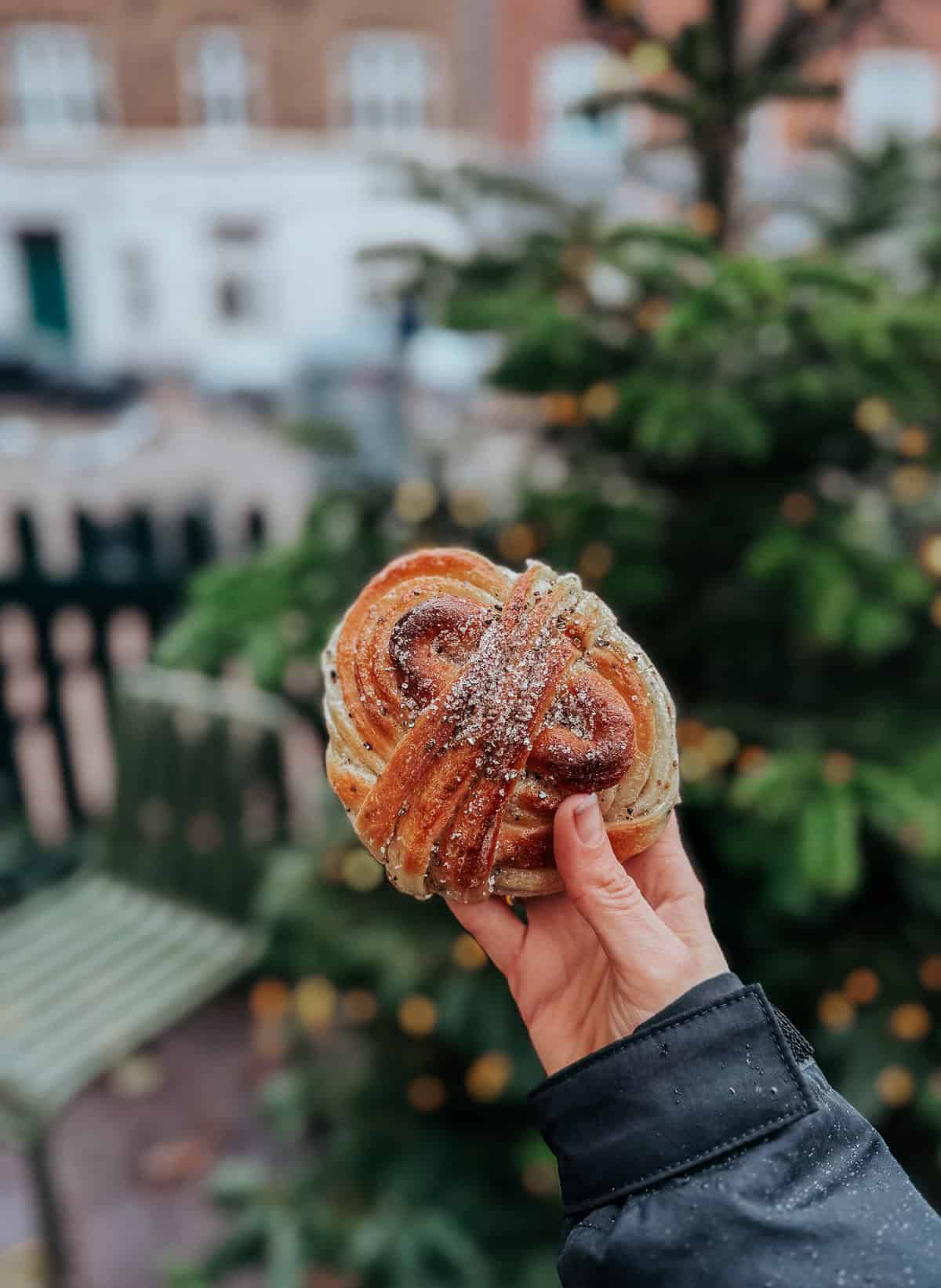 Close-up of a hand holding a traditional Scandinavian cinnamon pastry, dusted with sugar, against a blurred background of a Christmas tree.
