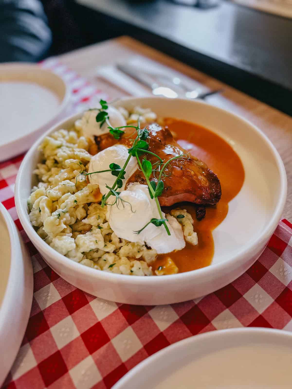 A bowl of chicken paprikash served with nokedli (Hungarian dumplings) and topped with sour cream and fresh herbs, presented on a red and white checkered tablecloth.