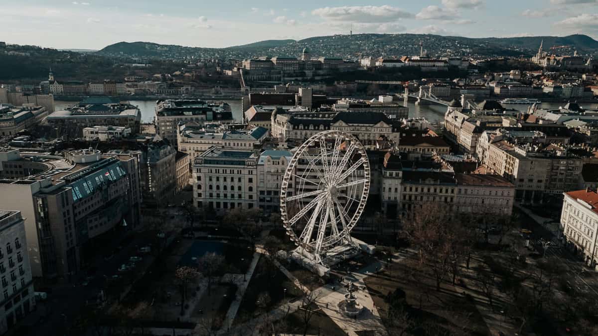 An Aerial view of the Budapest ferris wheel and surrounding buildings