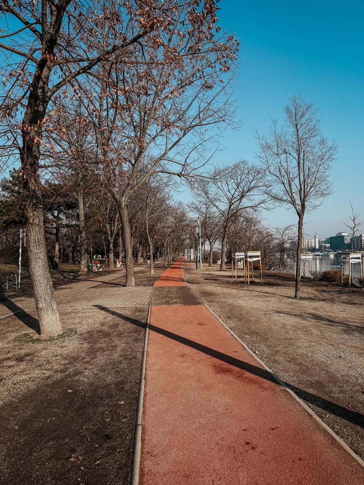 lined path with a red running track stretches into the distance under a clear blue sky on Margaret Island.