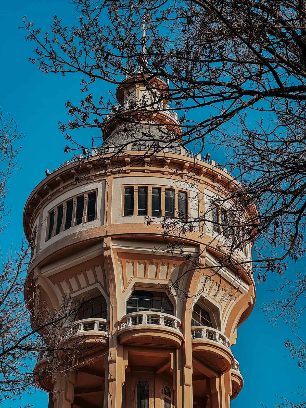 The top of a historic water tower with intricate architectural details, framed by bare tree branches against a blue sky on Margaret Island.