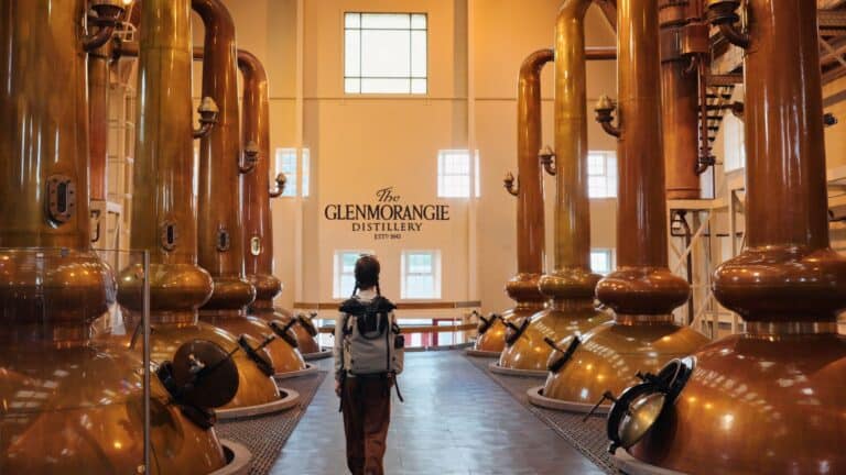 Visitor walking between tall copper stills inside a room labeled “The Glenmorangie Distillery Est 1843.” The distillery interior shows the copper stills used to produce Scotch whisky, a major element of traditional Scottish food and drink culture.